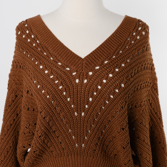 NEW Express Open Stitch Double V-Neck Dolman Sleeve Brown Sweater - Picture 4 of 10